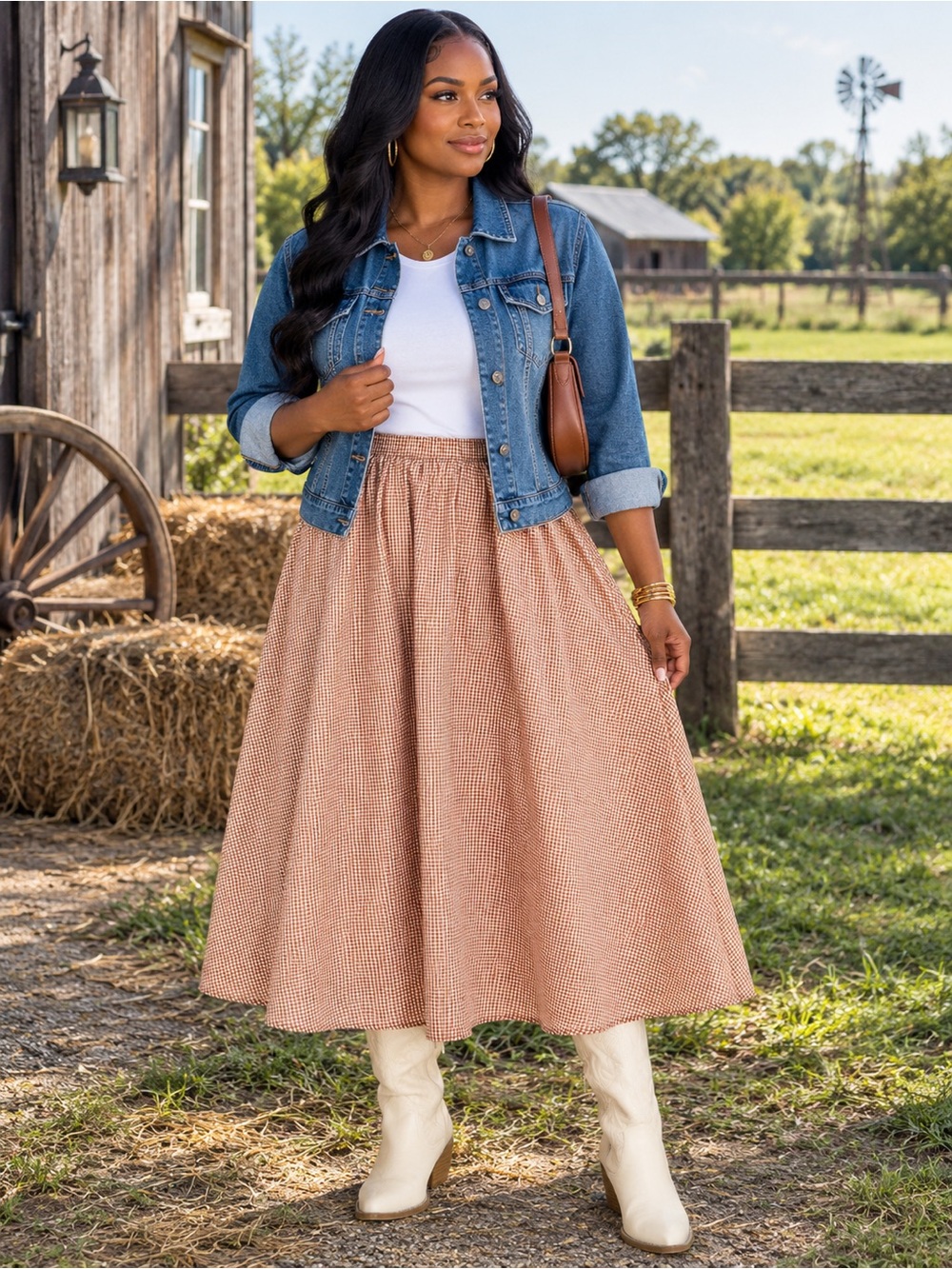 Women’s Pull-On Midi Skirt – A New Day Brown Gingham M